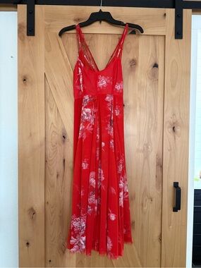 Free People Bright Poppy Red Strappy Dress, Flowy Floral Midi Dress, 2, S